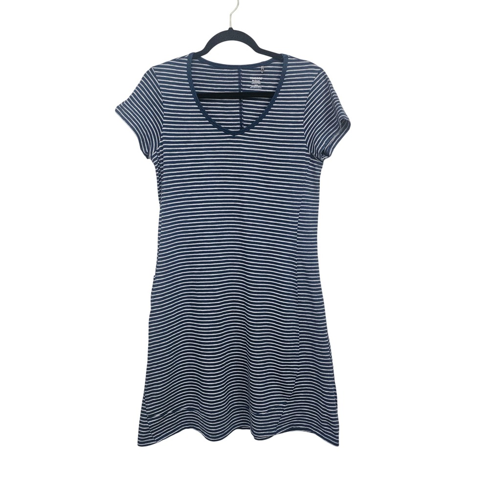 Toad&Co Marley T-shirt Dress M Blue Striped Organic Cotton V Neck Outdoor Casual